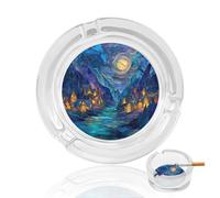 Stained Glass Tranquil Mountain Village Glass Ashtray for Cigarettes Portable Decorative Ash Trays for Home Office Decor