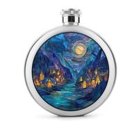 Stained Glass Tranquil Mountain Village Stainless Steel Hip Flask for Liquor, Round Pocket Portable Wine Flask for Drink 5 Oz