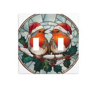 Stained Glass Two Birds Wearing Santa Hats Double Gang Toggle Light Cover Wall Plate Switch Decor Standard Size - 11.4x11.4cm