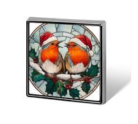 Stained Glass Two Birds Wearing Santa Hats Unisex Brooches & Pins Square Lightweight Lapel Badge Jewelry for Clothing Shawl Hat