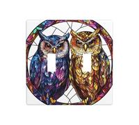 Stained Glass Two Bright Owls Double Gang Toggle Light Cover Wall Plate Switch Decor Standard Size - 11.4x11.4cm