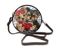 Stained Glass Two Cute Dogs Love Women Round Crossbody Bags Leather Sling Bag Purse