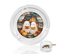 Stained Glass Two Cute Ghosts Reading Books Glass Ashtray for Cigarettes Portable Decorative Ash Trays for Home Office Decor