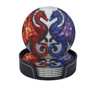 Stained Glass Two Dragons Premium Leather Coasters, Set of 6 with Holder, Stylish Beverage Coasters for Kitchen Coffee Bar