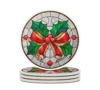 Stained Glass Two Holly Leaves And Red Bow Coasters Set of 4 Absorbent Coasters