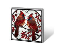 Stained Glass Two Northern Red Birds on Branch Red Berries Unisex Brooches & Pins Square Lightweight Lapel Badge Jewelry for Clothing Shawl Hat