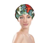 Stained Glass Two Red Birds White Flowers Prints Shower Cap Double Layer Lined Waterproof Bathing Shower Hat