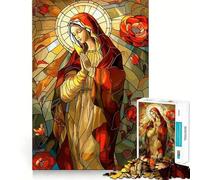 Stained Glass Virgin Mary with Roses Adults Puzzles 1000 Piece Jigsaws Mind Exercise Toy Relaxed Mind Design Assembly Santa Wish Gift 50x75cm