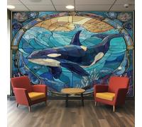 Stained Glass Wallpaper for Living Room, Abstract Geometric Killer Whale Wall Mural for Bedroom 366x254 cm, Non-Woven Photo Wallpaper, Home Decor D&O20