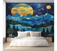 Stained Glass Wallpaper for Living Room, Moonlit Night Wall Mural for Bedroom 500x350 cm, Non-Woven Photo Wallpaper, Home Decor D&O103