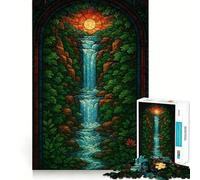 Stained Glass Waterfall Landscape Jigsaw Puzzles 1000 Pieces for Adults Boost Recall Relax Mind Accurate Edge Santa Wish List 38x52cm