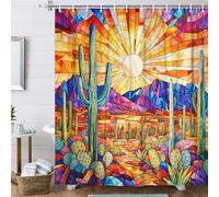 Stained Glass Western Shower Curtain, Boho Southwestern Desert Cactus Landscape Fabric Shower Curtains Set for Bathroom Decorative, Colorful Vintage Restroom Decor Accessories with 12PCS Hooks 36X70