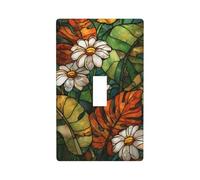 Stained Glass White Daisy Flowers Tropical Leaves Light Switch Cover Decorative Single Toggle 1 Gang Wall Plate for Kitchen Farmhouse Bedroom Bathroom Art Decor