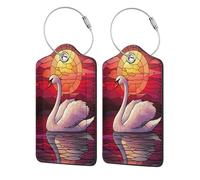 Stained Glass White Swan Sunset Luggage Tag for Suitcase 2 Pack Leather Luggage Tag with Privacy Flap Name Id Label and Metal Loop for Women Men Travel