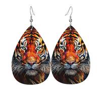 Stained Glass Wild Animal Tiger Women Earrings Faux Leather Dangle Eardrop Drop Earring Fashion Jewellery Gift For Wife Daughter Girlfriend Christmas