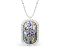 Stained Glass Wildflowers Light Blue Rectangle Pendant Necklace Silver Women Jewelry Alloy Keychain Tag Jewelry