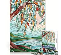 Stained Glass Willow Tree Landscape Jigsaws 1000 Pieces for Adults Mind Exercise Toy Stress Relief Design Assembly Elegant Gift 50x75cm