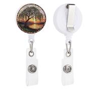 Stained Glass Willow Tree Sunset Retractable Badge Holder Reel Clip ID Card Holder for Doctor Nurse Student Office Worker