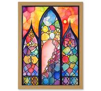 Stained Glass Window Folk Art Abstract Artwork Framed Wall Art Print A4 Artery8 Light Oak One Size