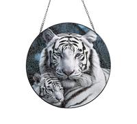 Stained Glass Window Hanging, 12in Sun Catcher Ornament Glass Panel with Metal Chain White Tiger Suncatcher Decor Indoor Window Wall Art Home Decor Gift for Women Wife, Aunt, and Mom