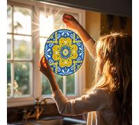 Stained Glass Window Hanging 12in Window Suncatcher Glass Panel with Metal Chain Yellow Blue Vintage Boho Sun Catchers Wall Art Home Decor Gift for Women Mother's Day