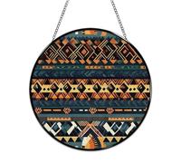Stained Glass Window Hanging 16x16cm Window Suncatcher Glass Panel with Metal Chain African Tribal Ethnic TextureSun Catchers Wall Art Home Decor Gift for Women Mother's Day