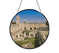 Stained Glass Window Hanging 16x16cm Window Suncatcher Glass Panel with Metal Chain Israel at The Tower of DavidSun Catchers Wall Art Home Decor Gift for Women Mother's Day