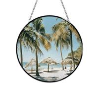 Stained Glass Window Hanging 16x16cm Window Suncatcher Glass Panel with Metal Chain Palm Trees on The BeachSun Catchers Wall Art Home Decor Gift for Women Mother's Day