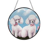 Stained Glass Window Hanging 16x16cm Window Suncatcher Glass Panel with Metal Chain Poodles DogsSun Catchers Wall Art Home Decor Gift for Women Mother's Day