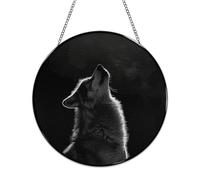 Stained Glass Window Hanging 16x16cm Window Suncatcher Glass Panel with Metal Chain Wolf Facing The MoonSun Catchers Wall Art Home Decor Gift for Women Mother's Day