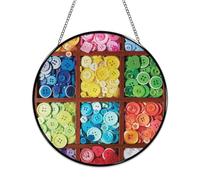 Stained Glass Window Hanging 25x25cm Window Suncatcher Glass Panel with Metal Chain Colorful ButtonsSun Catchers Wall Art Home Decor Gift for Women Mother's Day