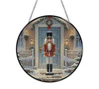 Stained Glass Window Hanging 25x25cm Window Suncatcher Glass Panel with Metal Chain Vintage NutcrackerSun Catchers Wall Art Home Decor Gift for Women Mother's Day