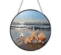 Stained Glass Window Hanging 30x30cm Window Suncatcher Glass Panel with Metal Chain Seashells on The BeachSun Catchers Wall Art Home Decor Gift for Women Mother's Day