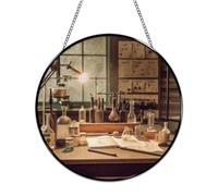Stained Glass Window Hanging 30x30cm Window Suncatcher Glass Panel with Metal Chain Vintage Chemistry LabSun Catchers Wall Art Home Decor Gift for Women Mother's Day