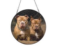 Stained Glass Window Hanging, 6in Sun Catcher Ornament Glass Panel with Metal Chain Pitbull Dogs Suncatcher Decor Indoor Window Wall Art Home Decor Gift for Women Wife, Aunt, and Mom