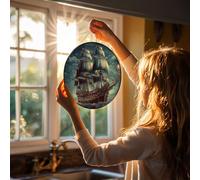 Stained Glass Window Hanging 6in Window Suncatcher Glass Panel with Metal Chain Nautical Vintage Sailing Pirate Ship Sun Catchers Wall Art Home Decor Gift for Women Mother's Day