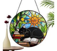 Stained Glass Window Hanging, 8-inch Black Cat Lying On A Book, Colorful Acrylic Light Catcher, Window Decoration, Gift,for Cat Lovers, Reading-themed Decoration, For Book Lovers