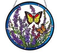 Stained Glass Window Hanging, 8'' Lavender Butterfly Suncatcher Stain Glass for Windows Hanging, Hand Painted Sun Catchers Indoor Window, Gift for Women, for Lavender Lovers
