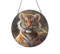 Stained Glass Window Hanging, 8in Sun Catcher Ornament Glass Panel with Metal Chain Cute Tiger Suncatcher Decor Indoor Window Wall Art Home Decor Gift for Women Wife, Aunt, and Mom