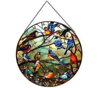 Stained Glass Window Hanging,Bird and Flowers for Windows,Hand Painted Glass for Birds Lover/7.9x7.9 Inch(Style 2)