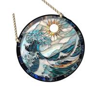 Stained Glass Window Hanging Blue and White Waves Suncatchers Colorful Panel with Metal Chain for Garden Ornament Stained Window Hanging