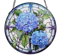 Stained Glass Window Hanging Blue Hydrangea Suncatcher, Floral Sun Catcher for Windows, Doors & Home Decor, Decorative Gift for Grandma, Nana, Women for Mother's Day Birthday