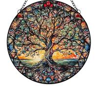 Stained Glass Window Hanging Colorful Tree of Life Wall Art Panel Green Yellow Suncatcher Decoration for Home Easter Birthday (Multicolour2, C)