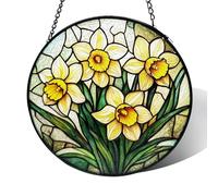 Stained Glass Window Hanging, Daffodil Flower Sun Catchers Colorful Glass Panel Green Plants Suncatcher Decor for Birthday for Women,Men,Wife, Lovers, and Mom 6.3 in