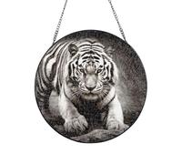 Stained Glass Window Hanging Decor, Black and White Tiger Sun Catcher Ornament Glass Panel with Metal Chain 6in Suncatcher Decor Indoor Window Wall Art Home Decor Gift for Women Wife and Mom