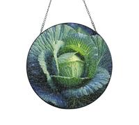 Stained Glass Window Hanging Decor, Bright Cabbage Sun Catcher Ornament Glass Panel with Metal Chain 8in Suncatcher Decor Indoor Window Wall Art Home Decor Gift for Women Wife and Mom