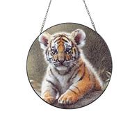 Stained Glass Window Hanging Decor, Cute Tiger Sun Catcher Ornament Glass Panel with Metal Chain 8in Suncatcher Decor Indoor Window Wall Art Home Decor Gift for Women Wife and Mom