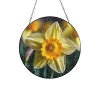 Stained Glass Window Hanging Decor, Daffodil Flower Sun Catcher Ornament Glass Panel with Metal Chain 10in Suncatcher Decor Indoor Window Wall Art Home Decor Gift for Women Wife and Mom