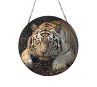 Stained Glass Window Hanging Decor, Lying Tiger Sun Catcher Ornament Glass Panel with Metal Chain 8in Suncatcher Decor Indoor Window Wall Art Home Decor Gift for Women Wife and Mom