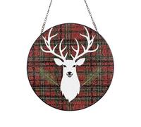 Stained Glass Window Hanging Decor, Merry Christmas Reindeer Sun Catcher Ornament Glass Panel with Metal Chain 12in Suncatcher Decor Indoor Window Wall Art Home Decor Gift for Women Wife and Mom
